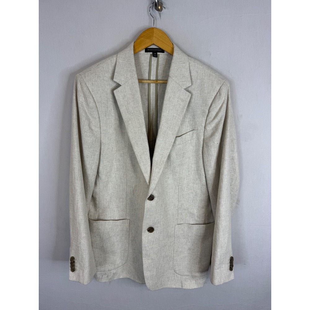 Banana Republic Mens 42R Tailored Fit Linen Cotton Herringbone Blazer Beige